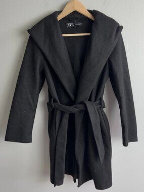 Zara Black Belted Wrap Coat with Hood Size XS Waist Tie Soft Fall Winter Women’s